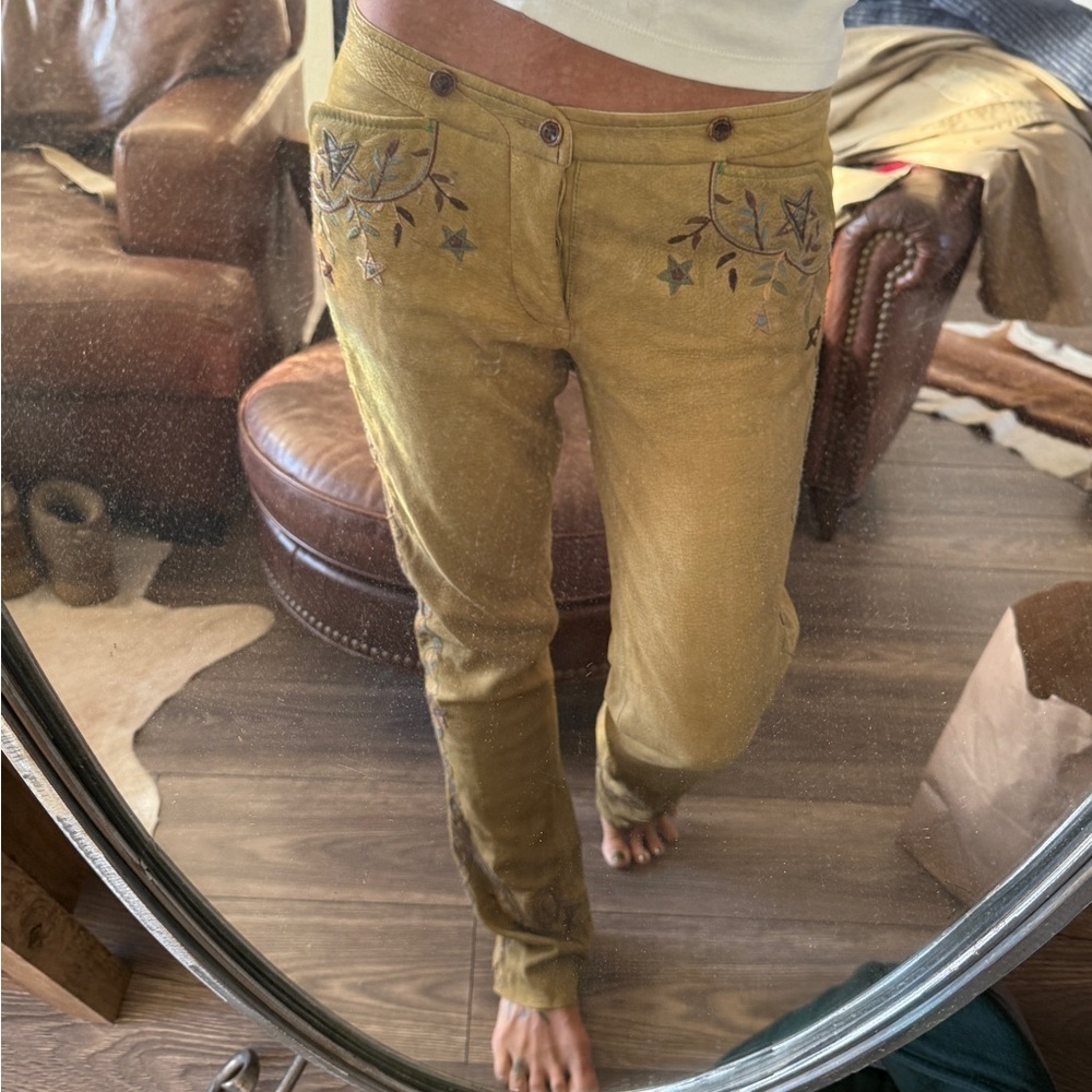 RARE Ralph Lauren blue label calf-suede tan leather embroidered western pants 6